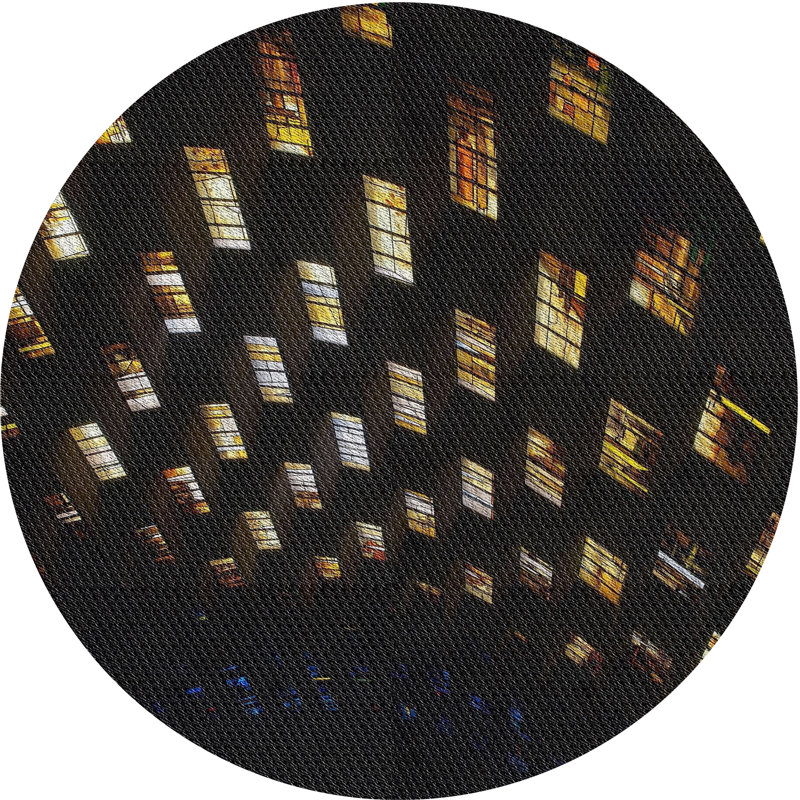 Tapis noir/or/mauve à motifs, Rond 5 pi