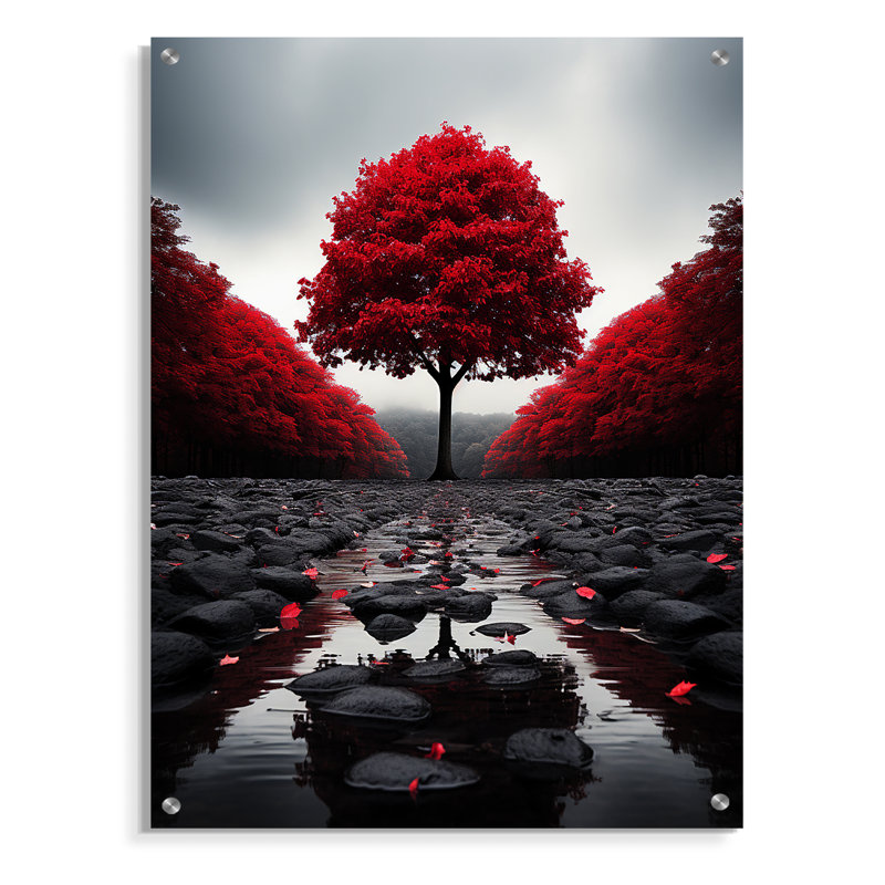 «Red and Grey Forest Serenity - Forest», art mural acrylique, H 32 po x l 16 po