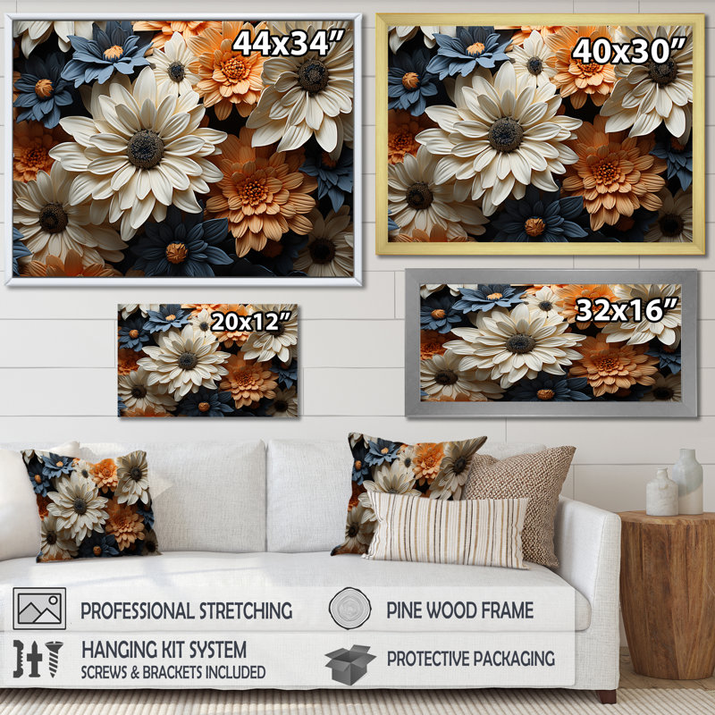 «White and Orange Daisy Florescence Radiance» - Art mural marguerites, Cadre flottant doré, H 12 po x l 20 po x P 1 po