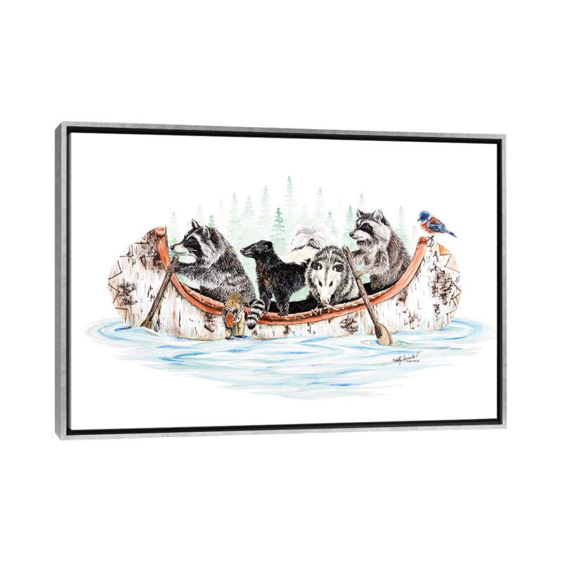 «Critter Canoe» par Holly Surant - impression d'art graphique, H 40 po x l 60 po x 1,5 po, Toile avec cadre argenté