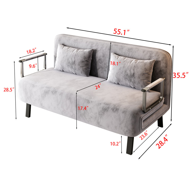 Conneaut Velvet Convertible Sofa, Light Gray Velvet, 35.5" H x 55.1" W x 28.4" D