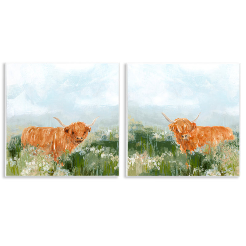 «Shaggy Highland Cow in Field», ensemble de 2 plaques murales par June Erica Vess