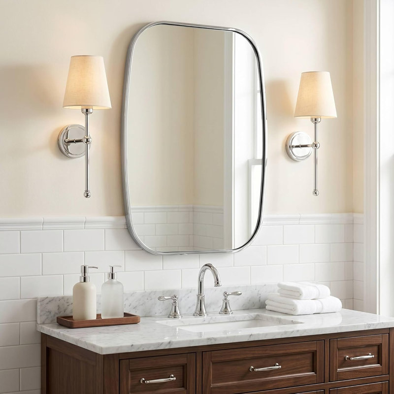 Miroir de salle de bain contemporain | Cadre épais en acier inoxydable, 32 po x 24 po, Chrome poli
