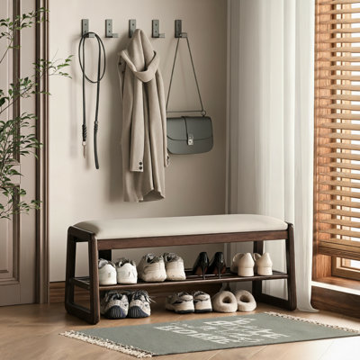  Solid Wood Shoe Bench with Cushion, 2-Tier Entryway Storage Bench