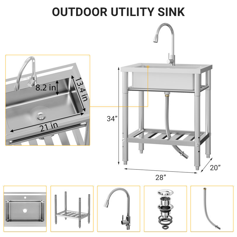 Freestanding Single Bowl Stainless Steel Kitchen Sink, 28 x 20 x 34 in