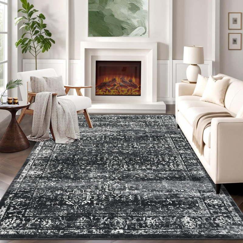 Oriental Machine Washable Rug with Rubber Backing for Living Room Non-Slip Dining Room Rug Easy-Cleaning Floor Carpet for Bedroom Playroom