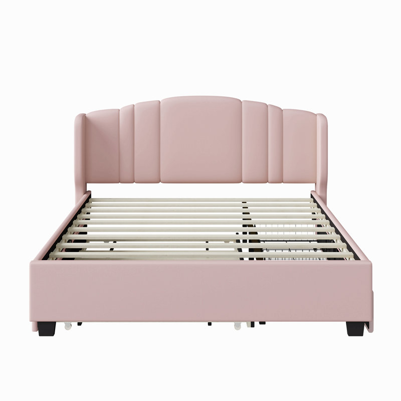 Upholstered Platform Bed With Wingback Headboard, One Twin Trundle And 2 Drawers, No Box Spring Needed, Linen Fabric, Pink