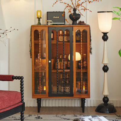 31.50" French Retro Two-Tone Brown & Black Solid Ash Wood Glass Wine Cabinet, Freestanding Wall Storage Sideboard, Tea & TV Display Cabinet for Living Room