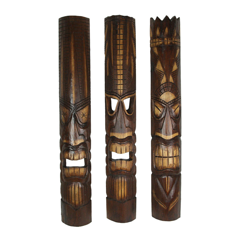 Ensemble de 3 masques de dieu tiki en bois sculpté