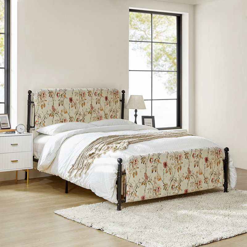Carlyon 62" W Metal Four Poster Bed with Washable Slipcover and Adjustable Headboard, Floral