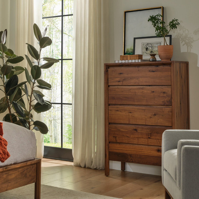 Stickley Saranac Tall Chest, Dresser, Solid Rustic Walnut, Sustainable Construction, 5 Drawers, Finger Pulls, 33in W x 20in D x 51in H, Made in USA