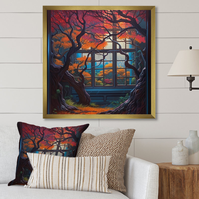 Robinho orange et brunes de Robinho dans une fenêtre II sur toile, H 16 po x l 16 po x P 1 po, Encadrement doré