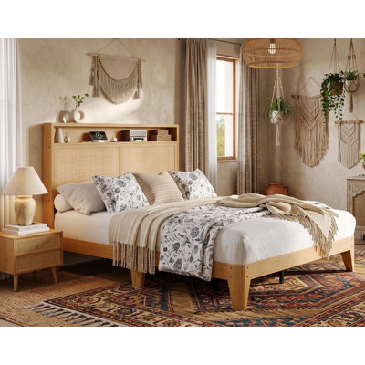 Full Size Bed Frame with Rattan Headboard, Bohemian Bed with LED Lights, 2 Tier Storage Headboard, Charging Station, No Box Spring Needed