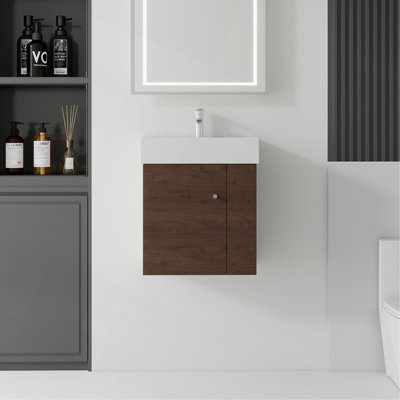 Meuble-lavabo suspendu de 55 cm (21,6 po), armoire murale en contreplaqué avec lavabo en céramique et portes à fermeture en douceur pour petites salles de bain