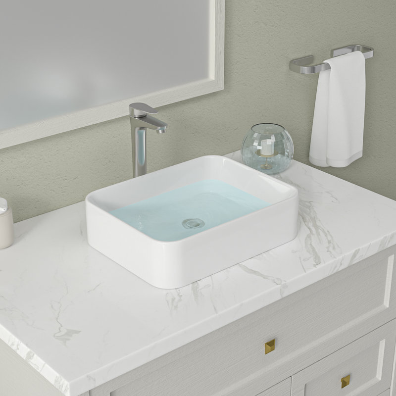 19" x 15"  White Bathroom Sink  Ceramic Rectangular Vessel Sink With Stainless Steel Faucet, Stainless Steel