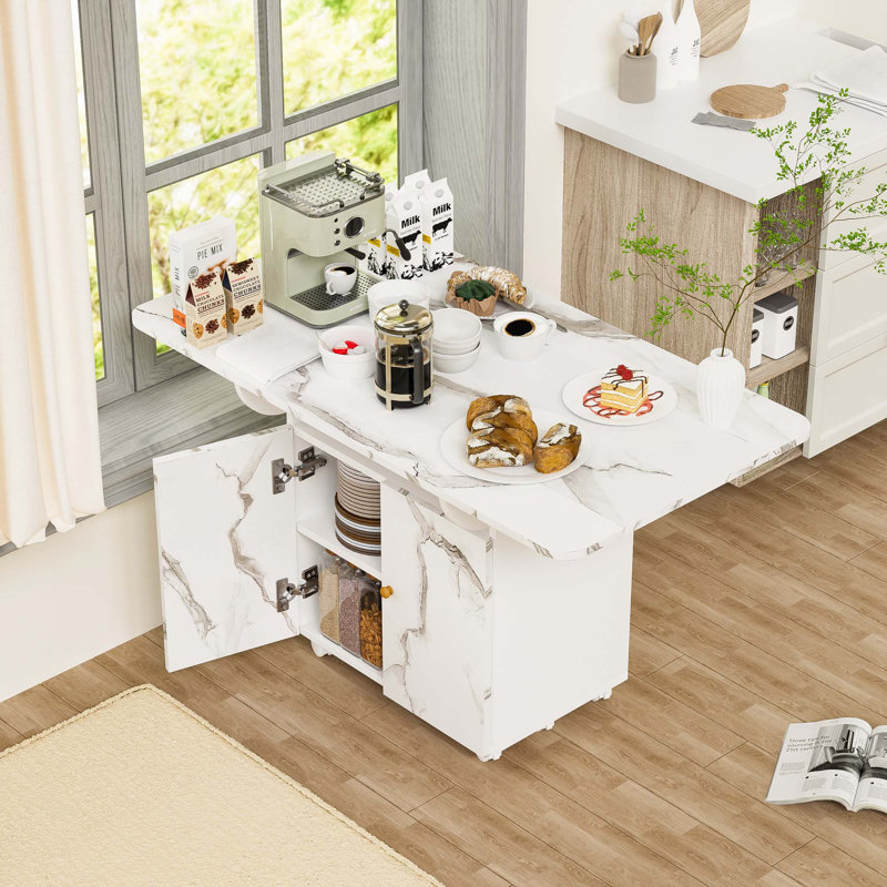 47" Wood Folding Dining Table With Storage Rack And Cabinet,Removable Entryway Table With 6 Wheels,Marble Kitchen Island,Side Table And Coffee Table Versatile Table Space Saving