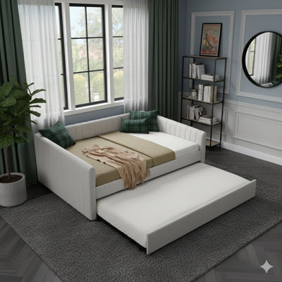 Beige Full-Size Daybed With Trundle, Upholstered In Vertical-Stripe Linen Fabric (82.5"X58"X30")