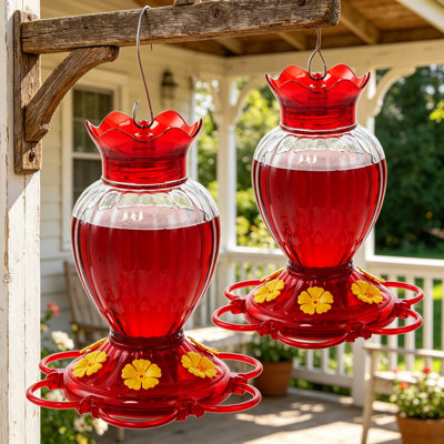 Ensemble de 2 mangeoires à colibri, capacité de 20 oz avec 6 ports d'alimentation anti-abeilles, protège-fourmis intégré, large bouche pour un remplissage facile et base en 2 parties pour un nettoyage facile