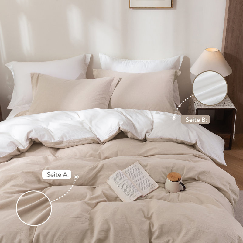 Solayne 100% Washed Cotton Duvet Cover Set with Faux Hemp Texture, Solid Color, Zipper Closure and Corner Ties, Apricot
