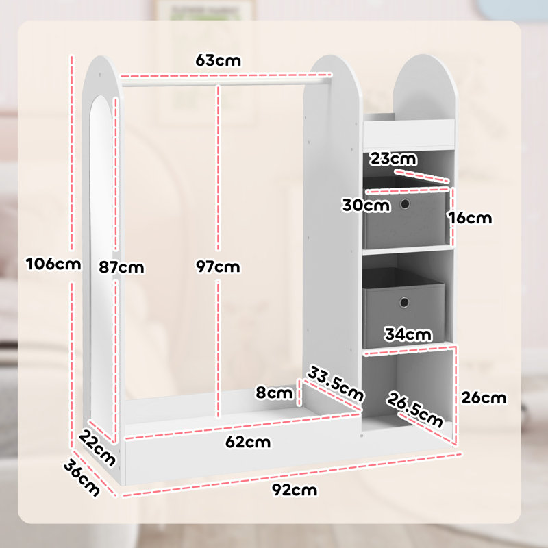 Annysa Kids Clothes Rail, Children Dress Up Storage, Mirror, White
