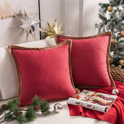 Chrismas Linen Edge Collection Embroidered Linen Reversible Throw Pillow