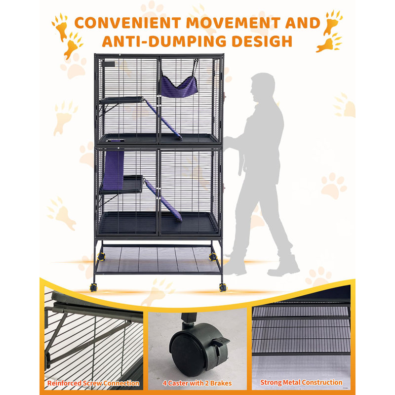 Cage multi-niveaux pour petits animaux avec plateau amovible, rampes et portes verrouillables, abri en métal avec roues pour furets, lapins, cochons d'Inde, hamsters et chinchillas
