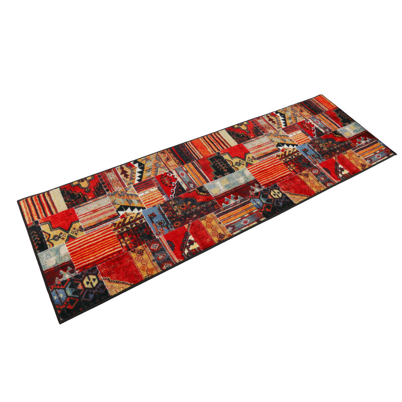 Custom Size Runner Rug Southwestern Patchwork Red Black with Canvas Backing Rug Runners by Feet, Runner 3' x 11'
