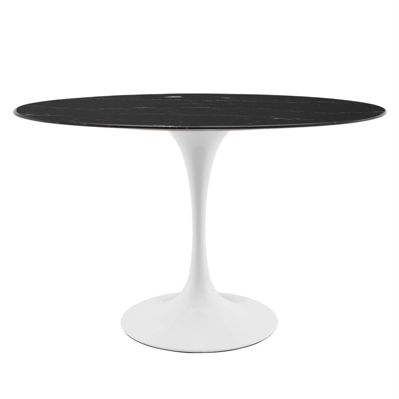 Black Oval Artificial Marble Dining Table with Metal Pedestal Base