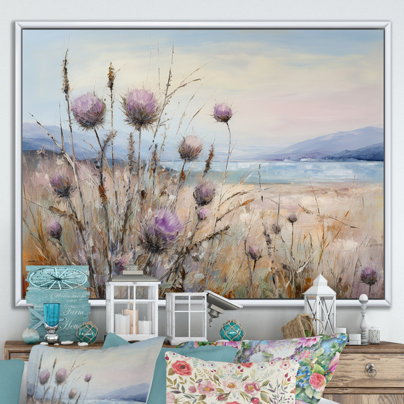 «Purple Thistle Field Farmhouse Charm I», reproduction sur toile, Cadre flottant blanc, H 16 po x l 32 po x P 1 po