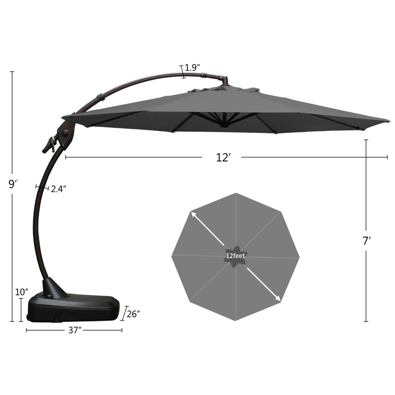 Parasol en porte-à-faux 12 pi avec base Harry-Charles, Gris foncé