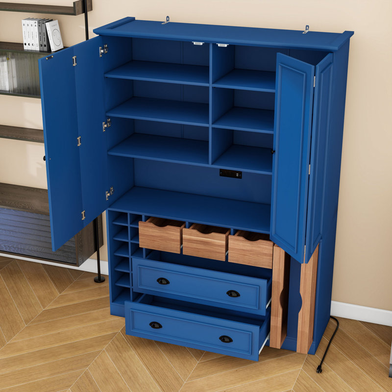 Grand garde-manger avec portes pliantes, tablettes, prise de courant et tiroirs, Bleu