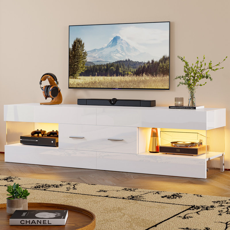 Kruszewski 60 inch  Glossy TV Stand Fits TV Up to 65 inch with Drawer and LED Light Stone Grain Media Console, White