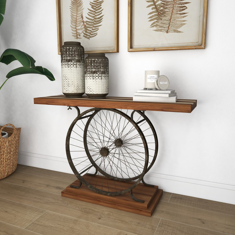 Industrial Brown Wood and Metal Wheel Console Table with Storage