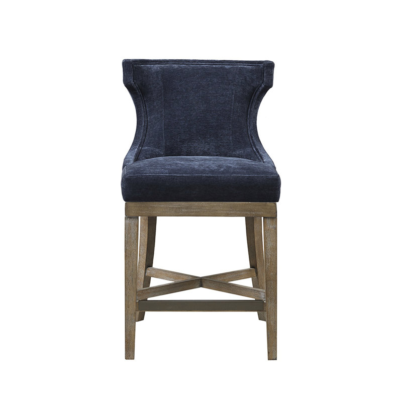 Tabouret de comptoir pivotant en tissu d'ameublement bleu marine, capacité de 300 lb, charme à la mode avec revêtement, base et touche classique