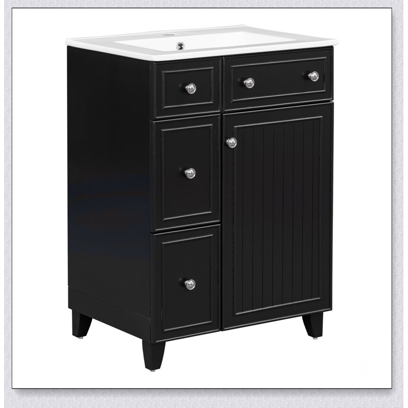 Meuble-lavabo de salle de bain avec lavabo en céramique et 2 tiroirs, Noir, 18"