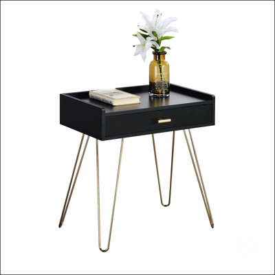 Hailey Black And Gold Wood Storage End Table With Durable Engineered Top And Stylish Metal Hairpin Legs For Modern Living