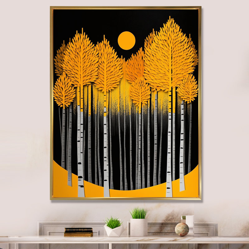 «Yellow Trees In The Forest Quill Minimalisme», reproduction sur toile, Cadre flottant doré, H 40 po x l 30 po x P 1,5 po