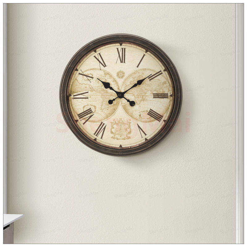 Horloge murale ronde de 20 pouces avec cadre brun antique et surface en verre transparent, mouvement à quartz silencieux