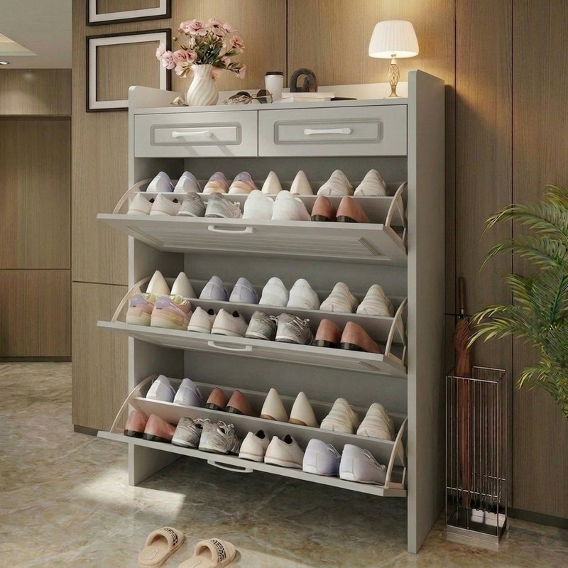 Shoe Cabinet with 3 Large Flip Drawers and 2 Storage Drawers, Narrow Shoe Organizer Cabinet Fits for Kinds of Shoes, Slim Shoe Storage Cabinet for Entryway, Hallway
