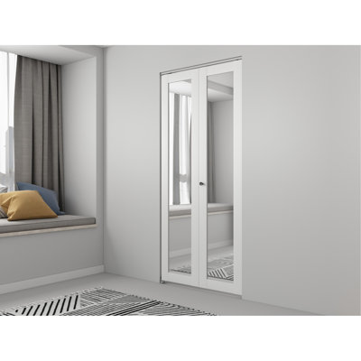 36 in. x 80 in. Mirrored Glass Solid Core White Composite Bi-fold Door with Hardware Kit and Door Handle