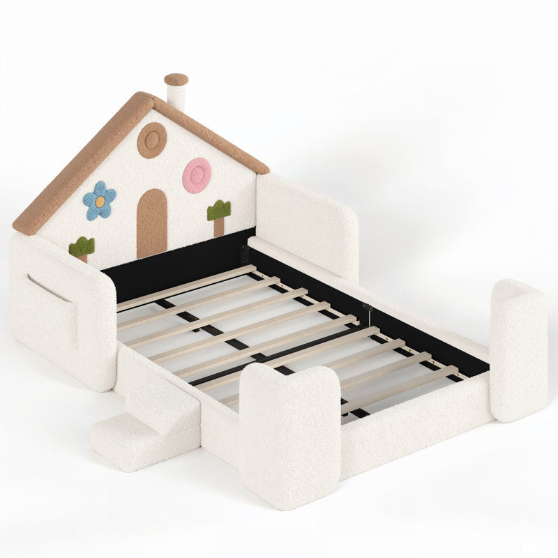 Lit de sol rembourré en bois avec longerons, tête de lit et sommier à lattes, Naturel beige
