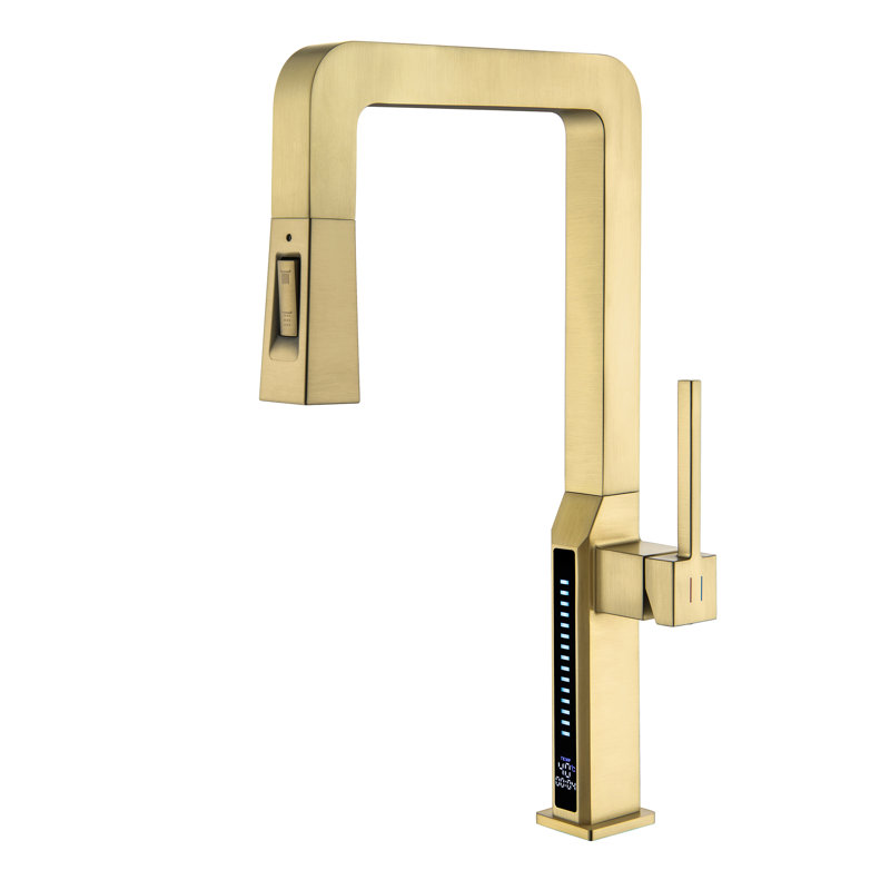 Single Handle Kitchen Faucet with Pull Out Sprayer and LED Temperature Display, Brushed Gold
