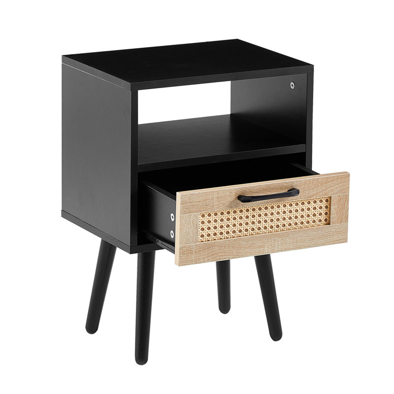 Table de bout moderne avec tiroir 15,48 po pour le salon, la chambre à coucher - pieds en bois massif, côté, Noir, naturel