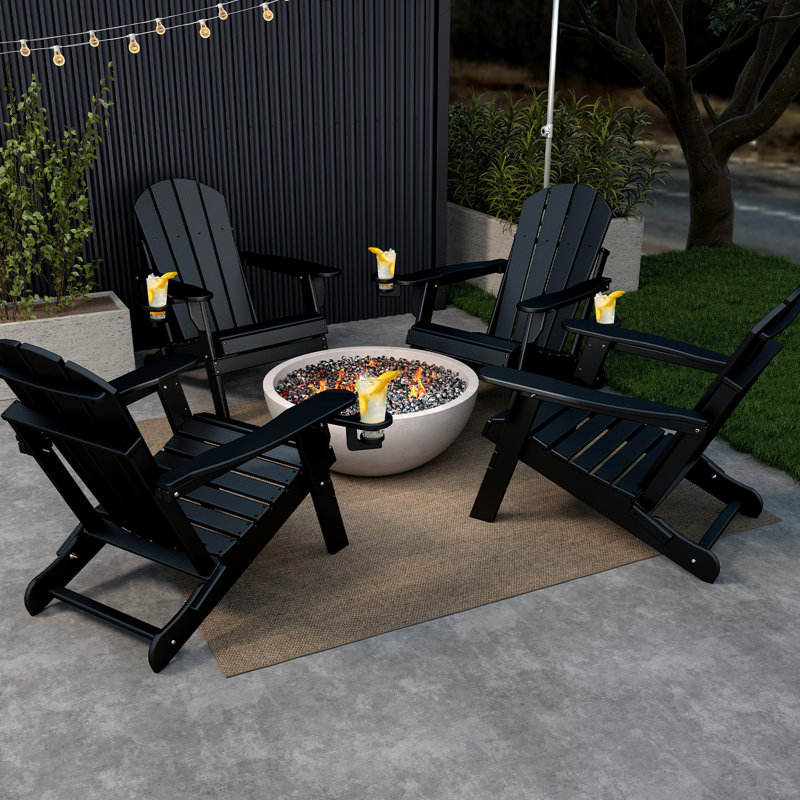 Hdpe Plastic Folding Outdoor Adirondack Chair With Cup Holder, Black