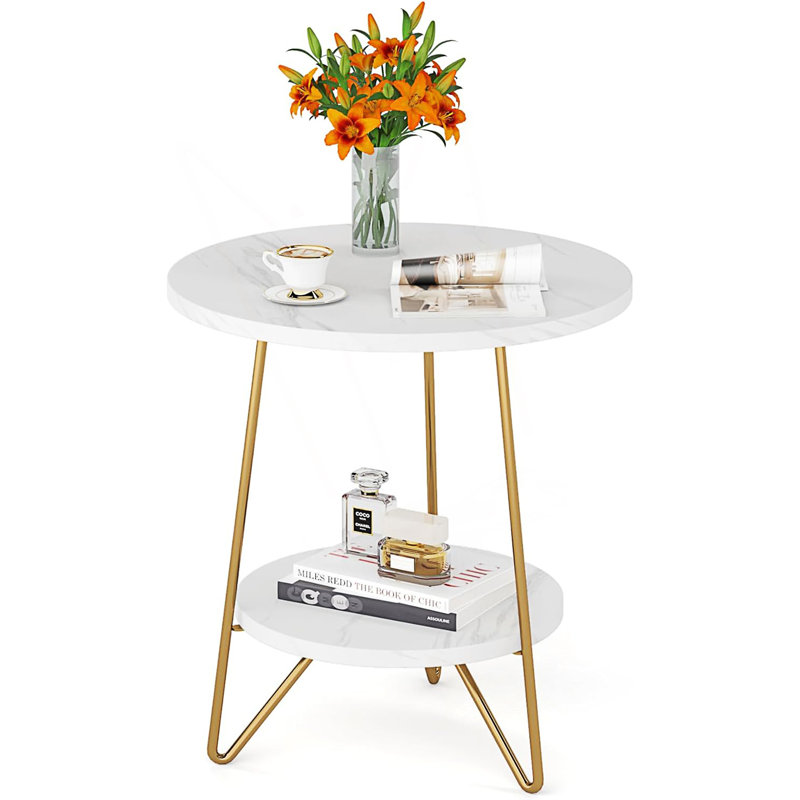 Table de bout ronde en faux marbre, table d'appoint ronde à 2 niveaux