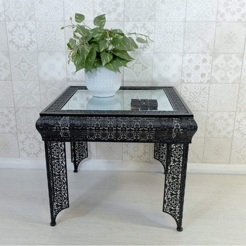 Carlyse Embossed Metal & Glass Moroccan Style Side Table , Black