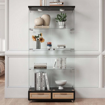 Vitrine moderne en verre avec grands tiroirs, armoire antique à assemblage rapide avec lumières DEL, bibliothèque en verre trempé, armoire de rangement à 2 portes avec 4 tablettes pour le salon et la chambre à coucher