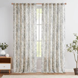 Neacsa Linen Semi Sheer Peony Flower Patterned Rod Pocket Curtain Pair