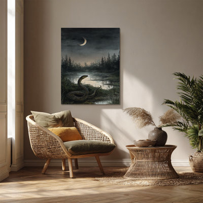 «Green Snake» par Misty Swamp Crescent Moon Dark Night - art mural sur toile tendue - décoration de salon, de chambre à coucher ou de bureau