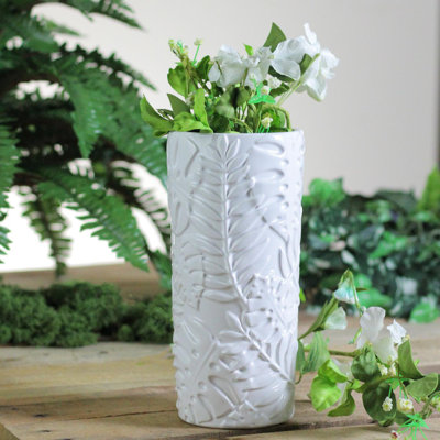 Vase de fleurs en céramique à motif de feuilles tropicales blanches de 9,5 po